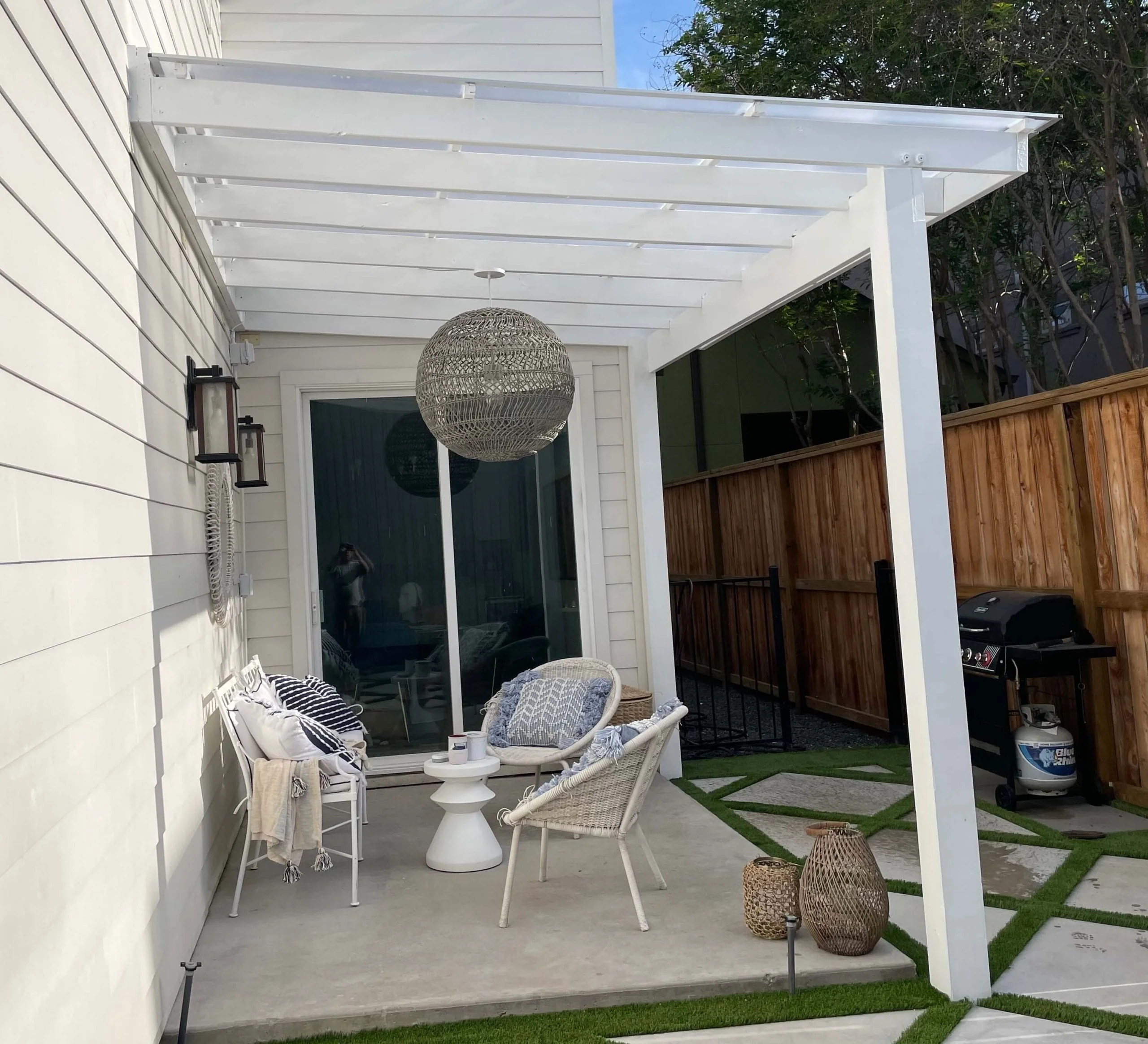 White Patio Pergola with Hercules Cover Install 12 x 12 Attached to home product image